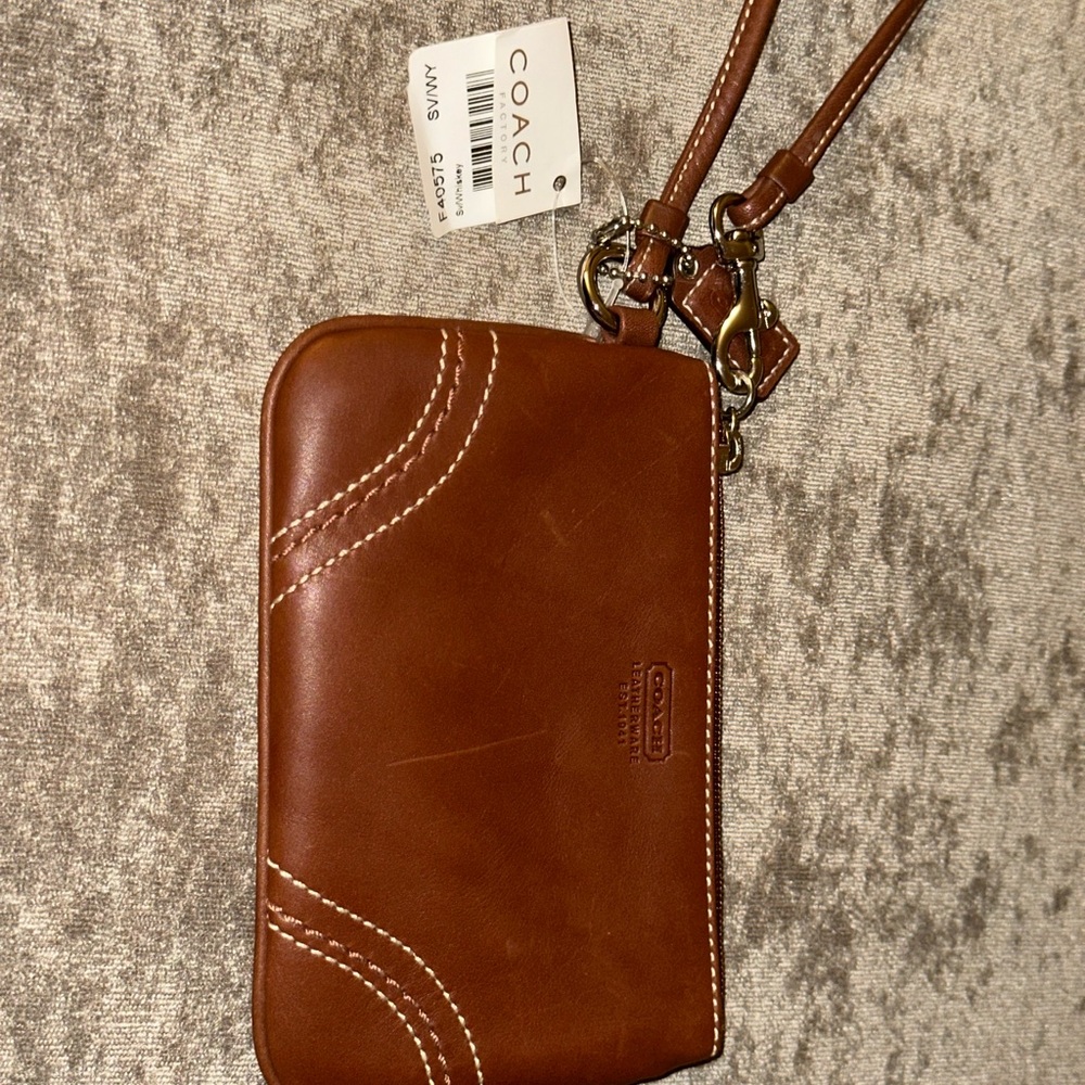 Coach Brown Leather Wristlet with Contrast Stitching